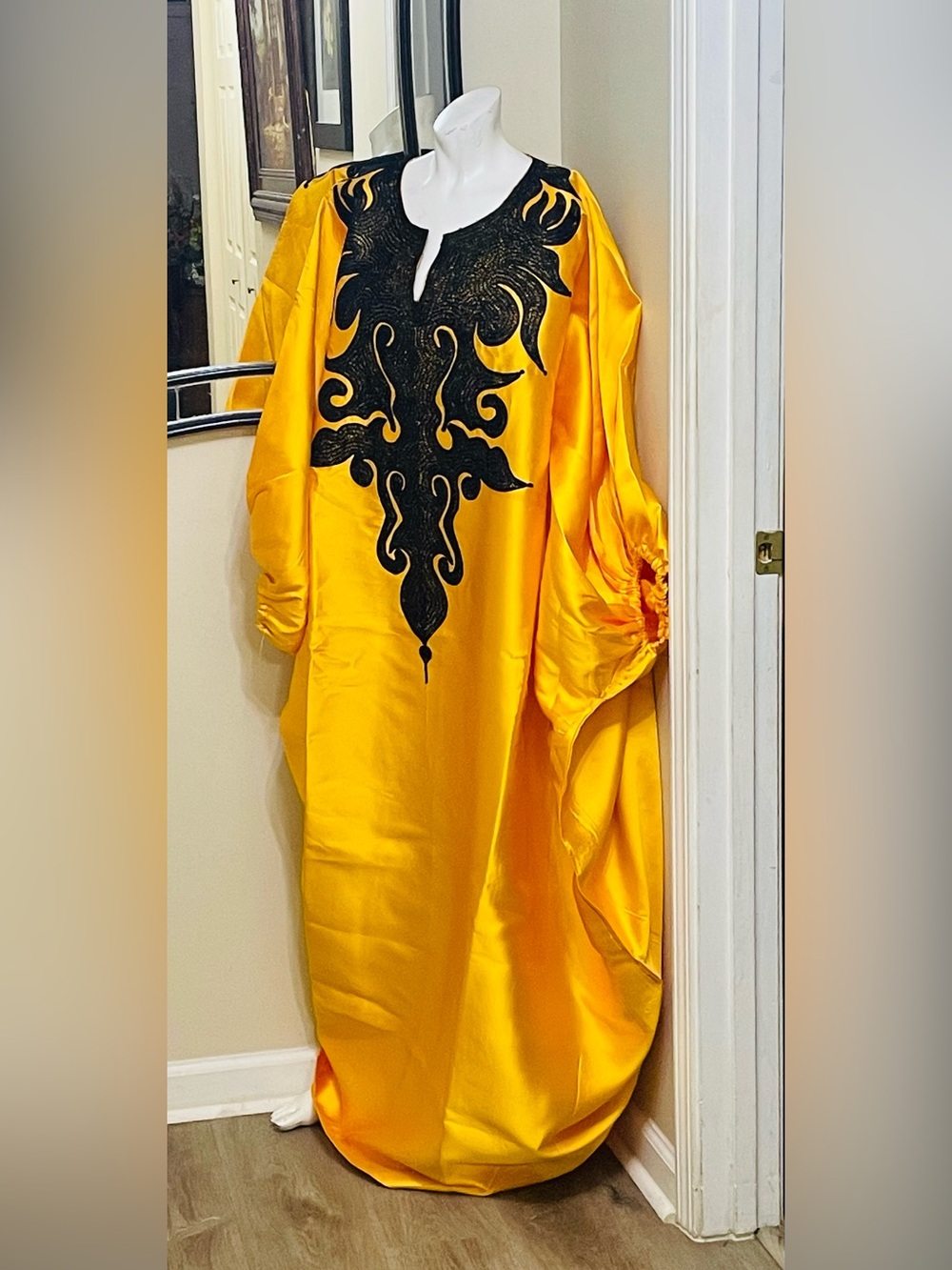 Elegant Yellow Satin Caftan with Black Embroidered Detail